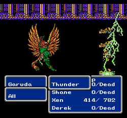Garuda, a giant bird creature, uses here lighting attack to destroy the onion knights.