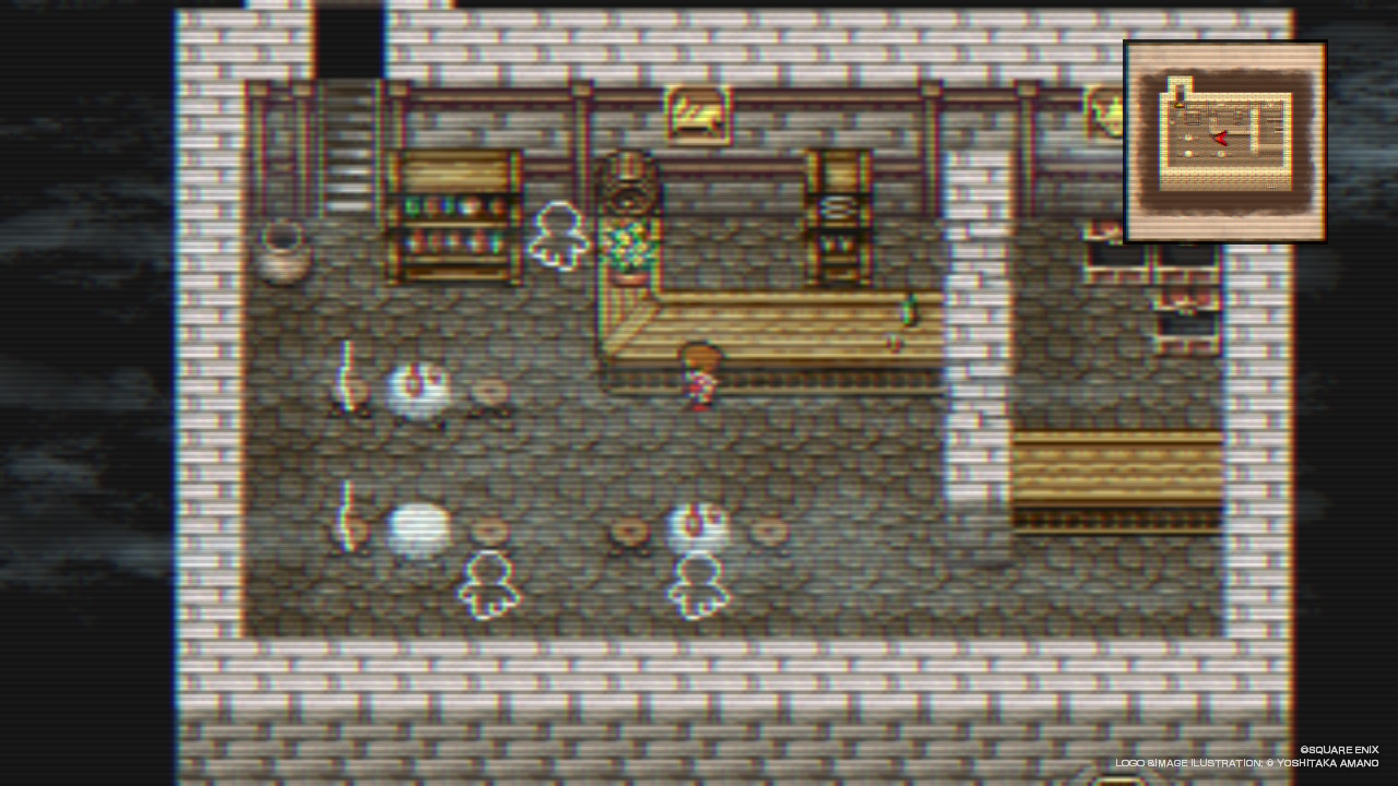 Screenshot from FINAL FANTASY III PIXEL REMASTER showing the tavern in Kozus where all NPCs have been turned into two-dimensional outlines by Jinn.
