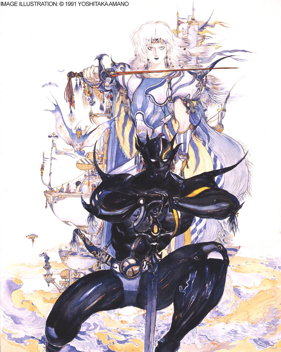 Yoshitaka Amano illustration for the JP cover of Final Fantasy IV, featuring the Cecil in Paladin and Dark Knight form.