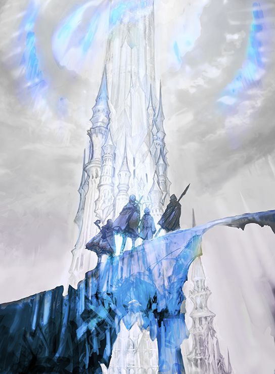 Painting of four heroes looking up at a tower made of Crystal